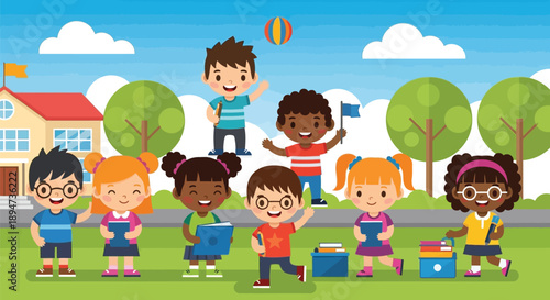 Diverse group of happy cartoon elementary school children holding books and playing outdoors near their school building on a sunny day