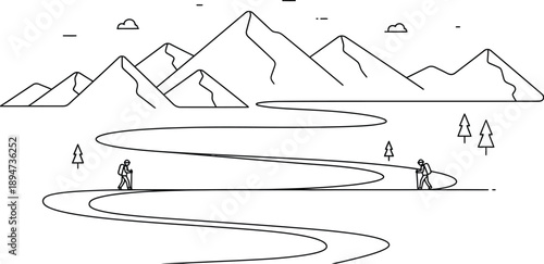 Minimalist outline drawing depicts two hikers with backpacks and trekking poles navigating a winding path beneath towering mountain peaks and sparse trees.