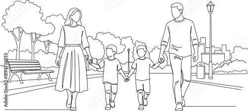 Simple black and white line art drawing illustrates a happy nuclear family of four enjoying a leisurely walk together holding hands through a beautiful park setting.