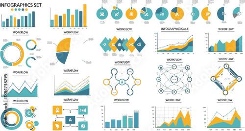 Comprehensive set of professional business workflow infographic elements featuring various charts graphs and process visualization diagrams