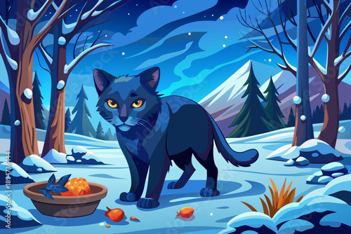 Pathetic homeless blue-eyed black cat wandering in snowy wilderness looking for food highlighting pet rescue hungry stray cats emotional documentary scene welfare.