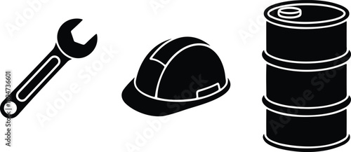 Black and white industrial icons with wrench hard hat and oil barrel isolated on white background vector illustration