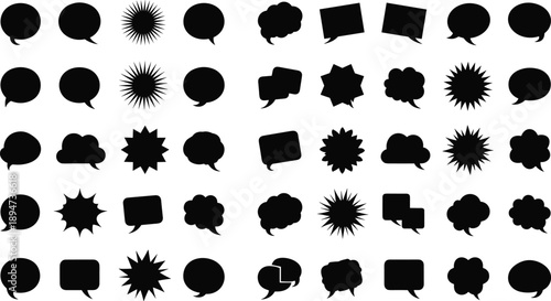 Set of speech bubble and comic burst icons black silhouettes communication dialog shapes isolated on white background for messaging design and graphic elements