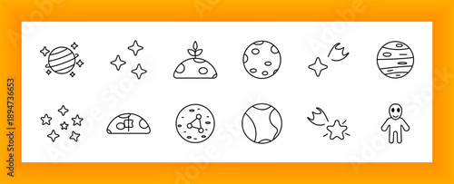 Outer space set icon. Planets, stars, meteor, moon, surface, seedling, crater, constellation, comet, sparkle, and alien figure in cosmic environment.