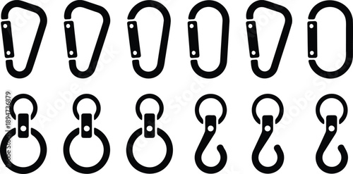 Black and white carabiner clip and metal hook icon set in multiple orientations isolated on white background