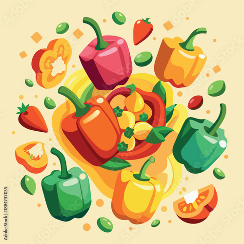 Colorful vegetables illustration with peppers, chilies, tomatoes, and leaves	