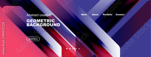 Dynamic geometric background features vibrant colors, gradients. Navigation includes work, about, portfolio, contact options. Modern design.