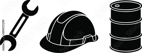 Black silhouette of wrench hard hat and oil drum icons isolated on white background industrial vector illustration