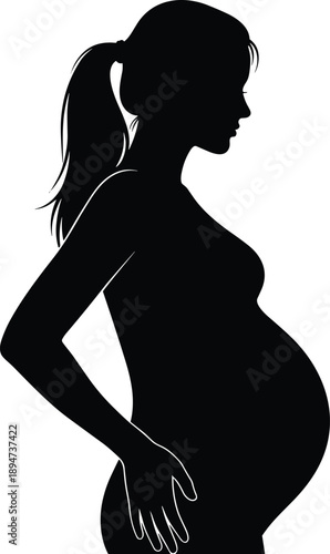 Black silhouette of a pregnant woman with ponytail hairstyle isolated on white background vector illustration for motherhood pregnancy health care and maternity concept