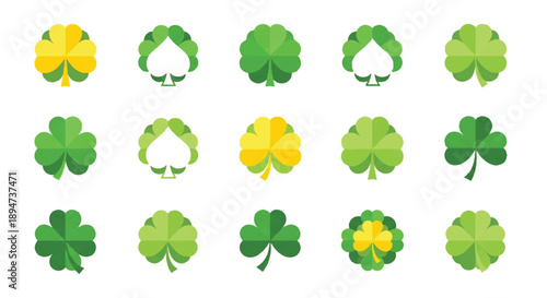 Collection of shamrocks and clovers arranged on a white surface representing luck and Irish culture for St Patrick's Day celebration.