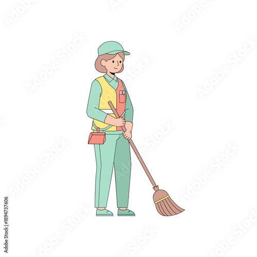 Female street cleaner holding broom and wearing safety vest  
