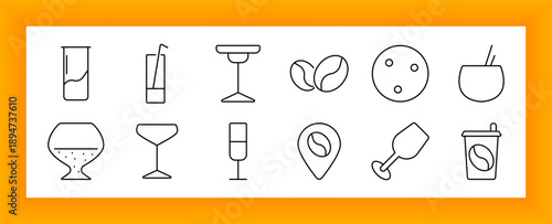 Beverage and coffee shop set icon. Includes various glass types, cups, coffee beans, straws, cocktail glasses, bowls, and location pin with bean symbol