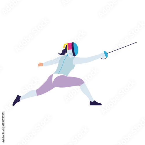 Woman fencer lunging in athletic pose with sword during competition  