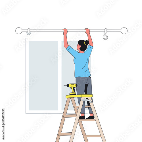 Woman installing curtain rod while standing on ladder indoors  