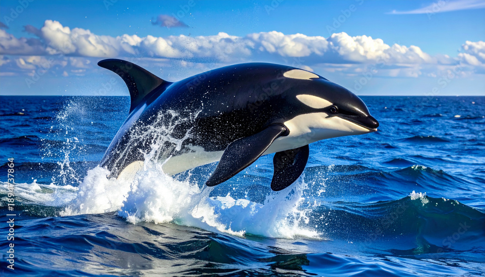 Fototapeta premium Powerful orca breaching from the deep blue ocean, dramatic marine wildlife action under bright sky.
