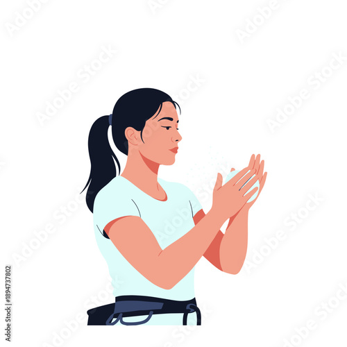 Young woman chalking hands in preparation for rock climbing  