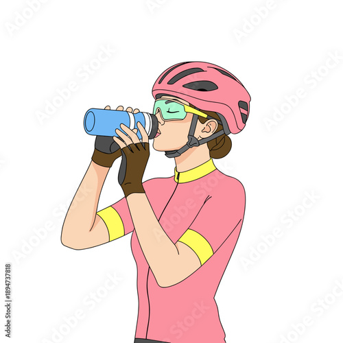 Female cyclist drinking water in pink jersey and helmet  