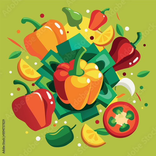 Colorful vegetables illustration with peppers, chilies, tomatoes, and leaves	