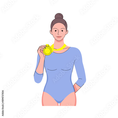 Female gymnast holding gold medal and smiling in blue leotard  