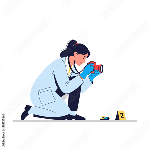 Female forensic scientist photographing evidence at a crime scene  