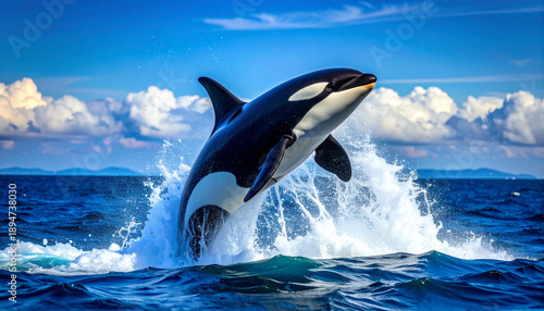 Powerful orca breaching from the deep blue ocean, dramatic marine wildlife action under bright sky.
