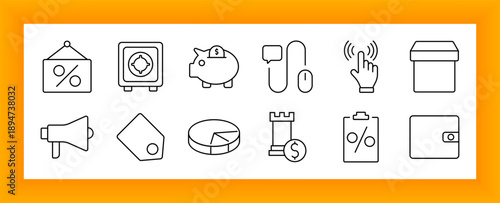 Ecommerce and marketing set icon. Discount tag, piggy bank, vault, wallet, pie chart, gift box, mouse, cursor, percentage board, castle finance icon, and hand click shown outlined.