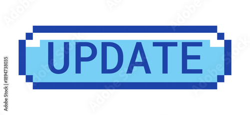 Update retro pixel style blue button. Page reload refresh. Sync content. New version. Latest data. Upgrade software. Pixelated UI element. Clickable call-to-action 8-bit sticker. Roboto Mono font used