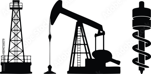 Black silhouettes of oil pumpjack drill bit and derrick isolated on white background vector illustration