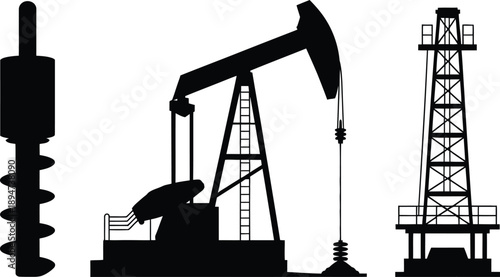 Black silhouettes of oil rig pumpjack and drill isolated on white background vector
