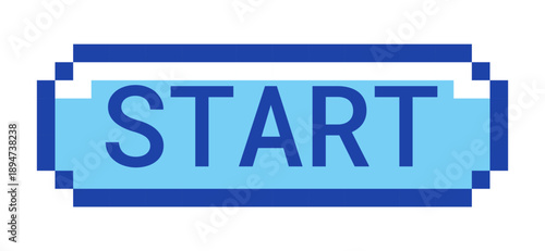 Start retro pixel style blue button. Begin action. Process initiation. Launch tool. Initialize feature. Trigger. Pixelated UI element. Clickable call-to-action 8-bit sticker. Roboto Mono font used