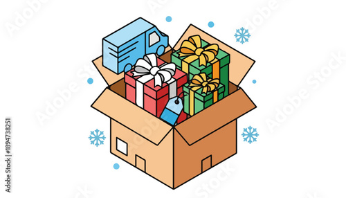 Isometric illustration of a cardboard delivery box filled with colorful gift presents and a small truck, surrounded by snowflakes.
