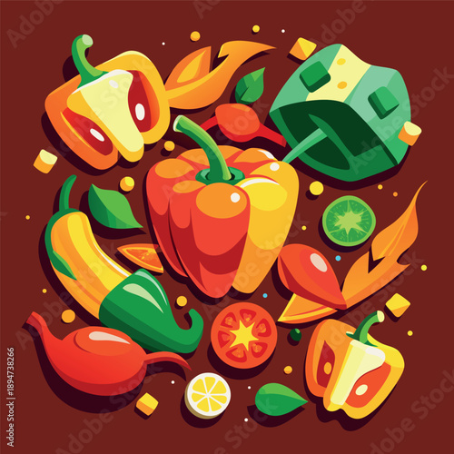 Colorful vegetables illustration with peppers, chilies, tomatoes, and leaves	