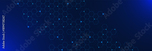 Futuristic hexagon pattern with glowing nodes on dark blue background. Modern geometric design for science, technology, communication and medical concept. Vector