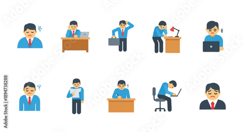 Stressed businessman experiencing burnout at work, showing signs of anxiety and fatigue in the office environment, reflecting modern workplace challenges.