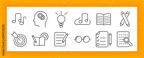Education tools set icon. Music note, brain, idea, writing, checklist, glasses, pencil, book, learning, thinking, knowledge, document, paper, creativity, goal
