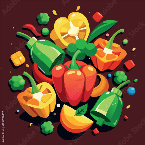 Colorful vegetables illustration with peppers, chilies, tomatoes, and leaves	