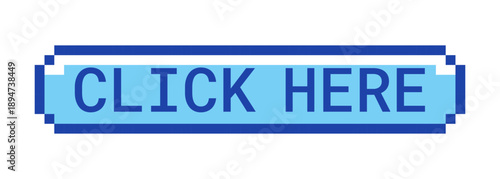 Click here retro pixel style blue button. Interactive prompt. Navigation action. Press here. Activate link. Pixelated UI element. Clickable call-to-action 8-bit sticker. Roboto Mono font used