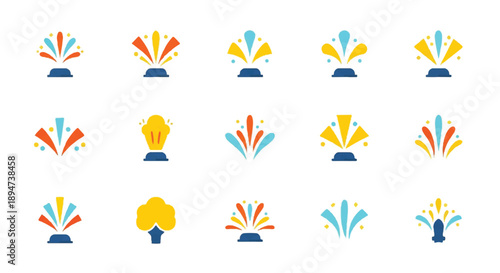 Colorful abstract shapes bursting upwards from small bases, arranged in neat rows on a white canvas, creating a playful and modern aesthetic.