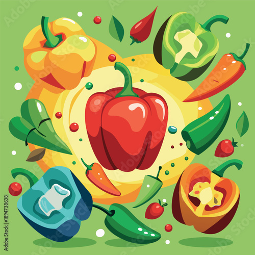 Colorful vegetables illustration with peppers, chilies, tomatoes, and leaves	
