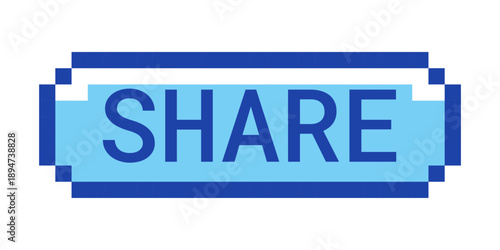 Share retro pixel style blue button. Distributing viral content link across platforms. Repost tool. Post forward. Pixelated UI element. Clickable call-to-action 8-bit sticker. Roboto Mono font used
