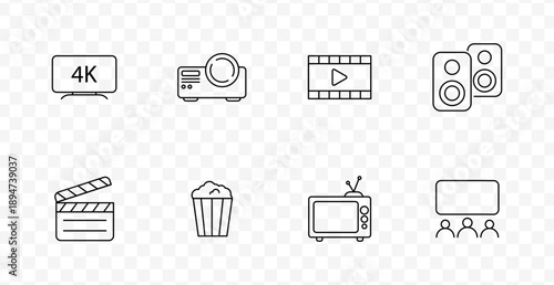 Cinema and media set icon. 4K screen, projector, film frame, speakers, clapperboard, popcorn, vintage TV, audience in audiovisual entertainment line style.