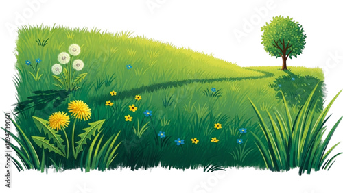 Serene meadow landscape with grass, flowers, and a tree in a lush green field from a distant viewpoint