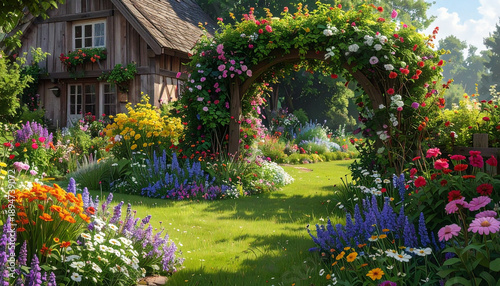 Charming cottage garden in full bloom with colorful flowers and sunlight, peaceful spring landscape background.