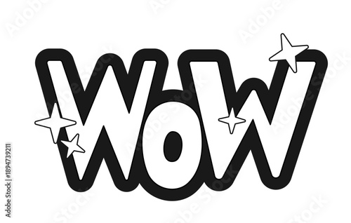Sparkling WOW black and white sticker isolated. Excitement surprise. Expressive reaction. Retro pop amazed. 90s nostalgia. Badge label. Emblem tag. Monochrome typography. Print ready flat illustration