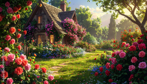 Charming cottage garden in full bloom with colorful flowers and sunlight, peaceful spring landscape background.