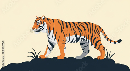 Majestic Tiger Walking Across Natural Landscape Illustration.