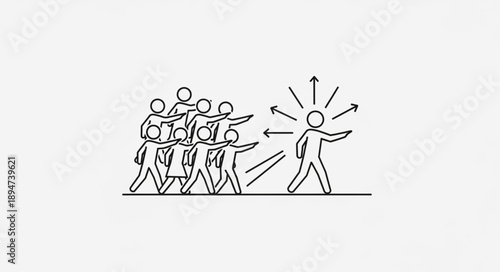 Leader guiding a group of people with arrows showing direction.