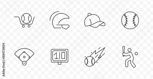 Baseball set icon. Ball, cap, helmet, stadium, scoreboard, field, bat, pitching, shopping cart, baseball sport equipment.