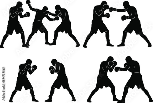 Black silhouette set of professional boxers in fighting stances and sparring poses isolated on white background for boxing gym sports competition or athletic training