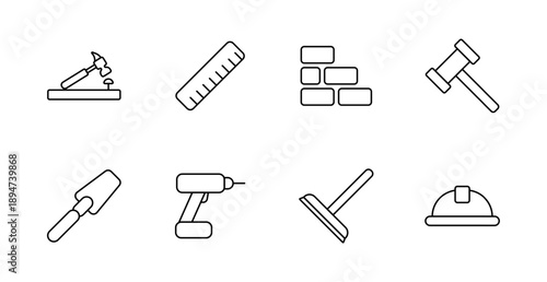 Construction set icon. Hammer, ruler, bricks, gavel, trowel, drill, mop, helmet showing tools, measurement, labor, maintenance, building process.